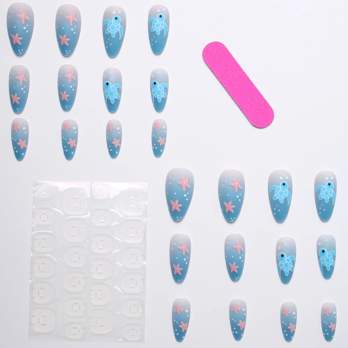 24pcs/set Medium long fake nails for women girls fashion ocean jellyfish turtle cute animals design press on false nail art tips Ocean Jellyfish And Turtle Press-On Nail Set - 24pcs/set Medium long fake nails for women girls fashion ocean jellyfish turtle cute animals design press on false nail art tips