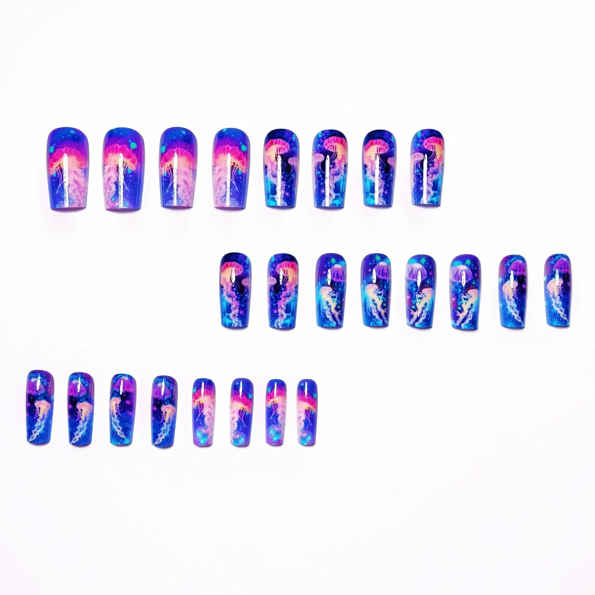 24pcs/set Medium long fake nails for women girls fashion ocean jellyfish turtle cute animals design press on false nail art tips Ocean Jellyfish And Turtle Press-On Nail Set - 24pcs/set Medium long fake nails for women girls fashion ocean jellyfish turtle cute animals design press on false nail art tips