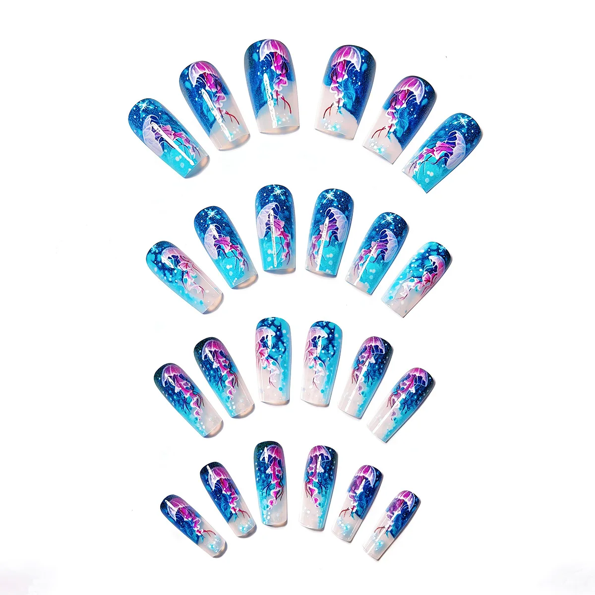 24pcs/set Medium long fake nails for women girls fashion ocean jellyfish turtle cute animals design press on false nail art tips Ocean Jellyfish And Turtle Press-On Nail Set - 24pcs/set Medium long fake nails for women girls fashion ocean jellyfish turtle cute animals design press on false nail art tips