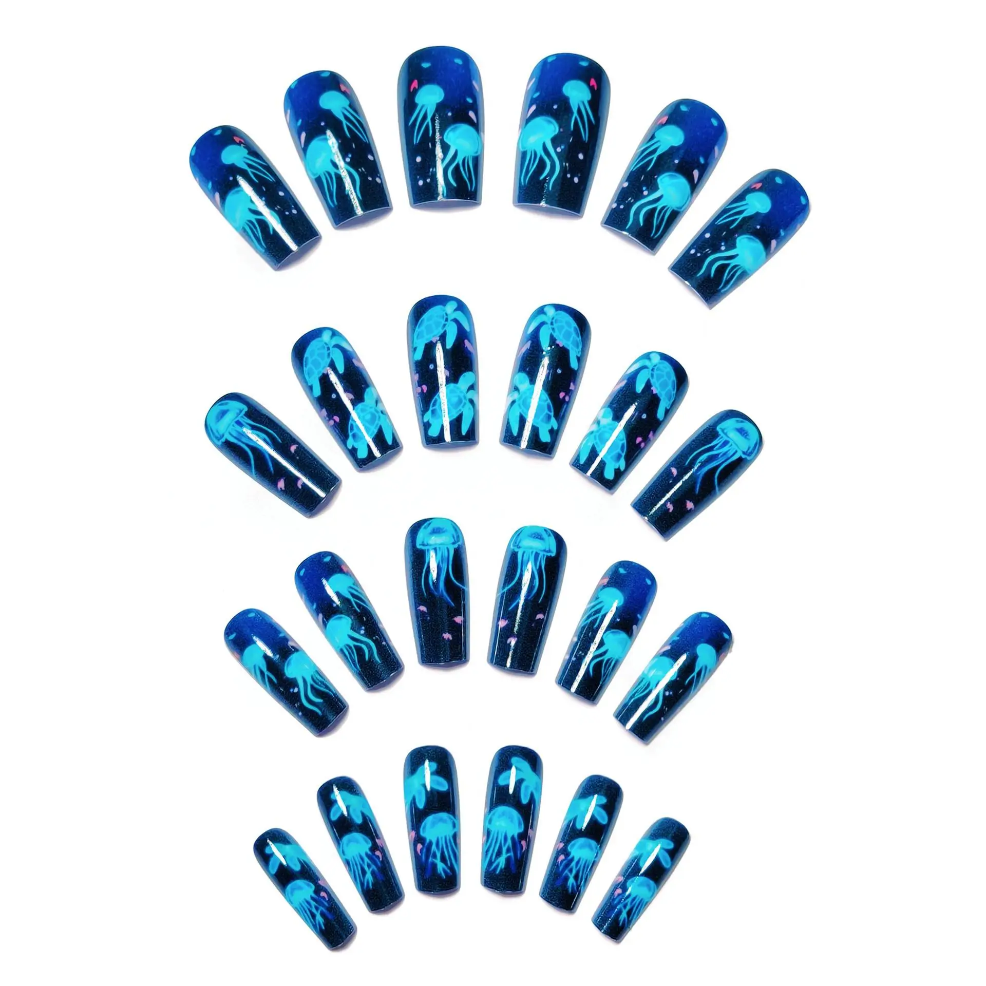 24pcs/set Medium long fake nails for women girls fashion ocean jellyfish turtle cute animals design press on false nail art tips Ocean Jellyfish And Turtle Press-On Nail Set - 24pcs/set Medium long fake nails for women girls fashion ocean jellyfish turtle cute animals design press on false nail art tips