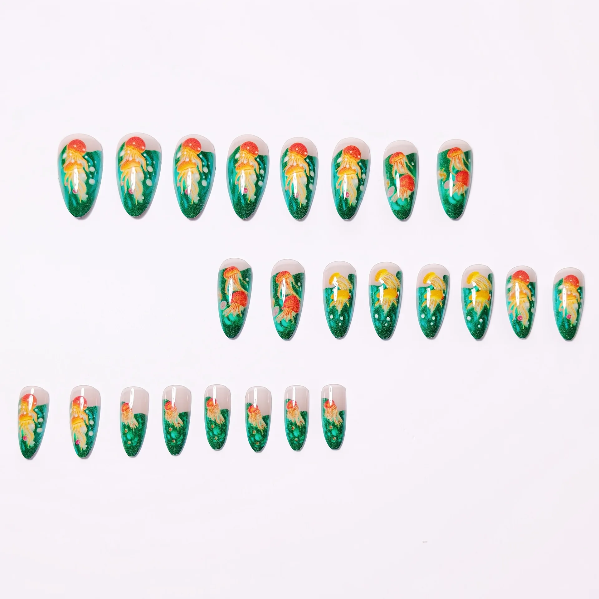 24pcs/set Medium long fake nails for women girls fashion ocean jellyfish turtle cute animals design press on false nail art tips Ocean Jellyfish And Turtle Press-On Nail Set - 24pcs/set Medium long fake nails for women girls fashion ocean jellyfish turtle cute animals design press on false nail art tips