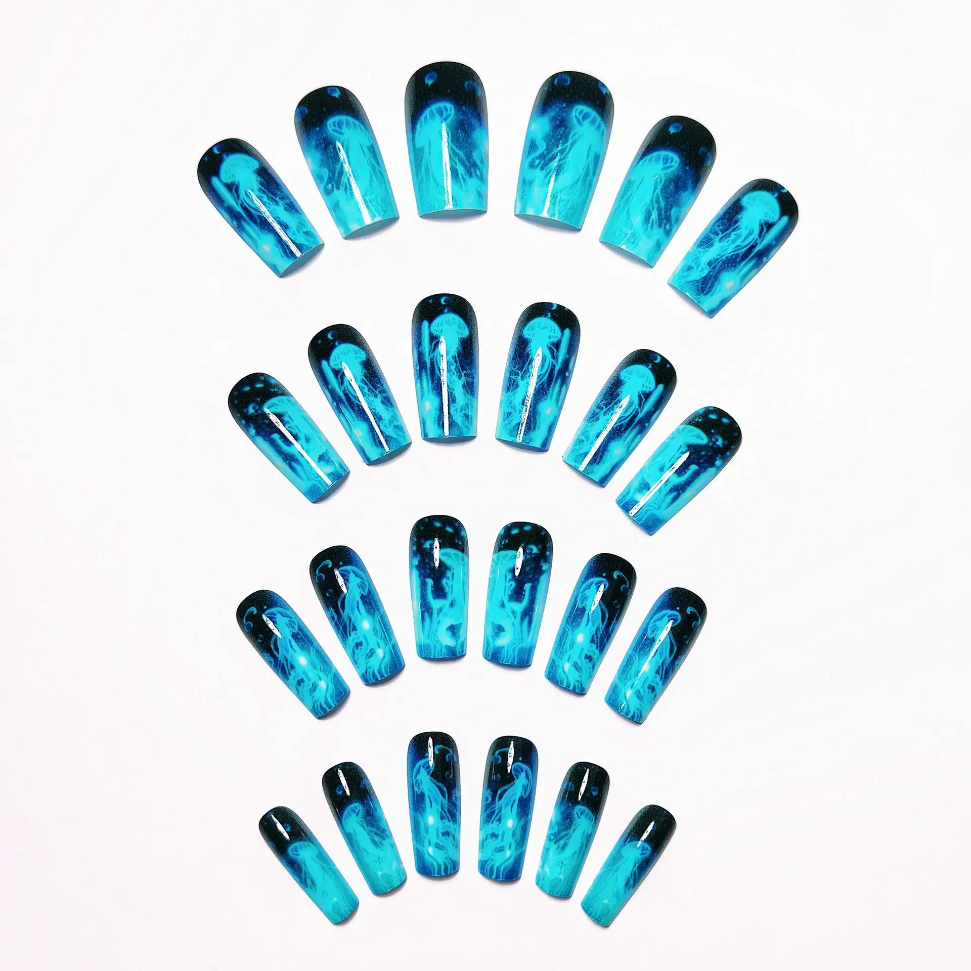 24pcs/set Medium long fake nails for women girls fashion ocean jellyfish turtle cute animals design press on false nail art tips Ocean Jellyfish And Turtle Press-On Nail Set - 24pcs/set Medium long fake nails for women girls fashion ocean jellyfish turtle cute animals design press on false nail art tips