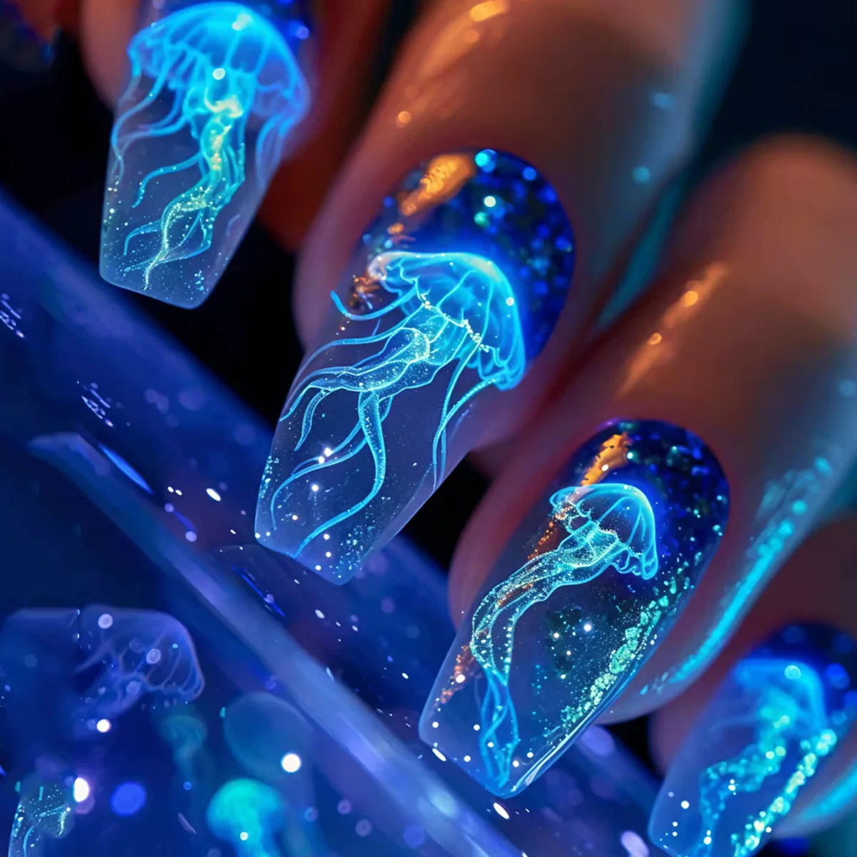 24pcs/set Medium long fake nails for women girls fashion ocean jellyfish turtle cute animals design press on false nail art tips Ocean Jellyfish And Turtle Press-On Nail Set - 24pcs/set Medium long fake nails for women girls fashion ocean jellyfish turtle cute animals design press on false nail art tips