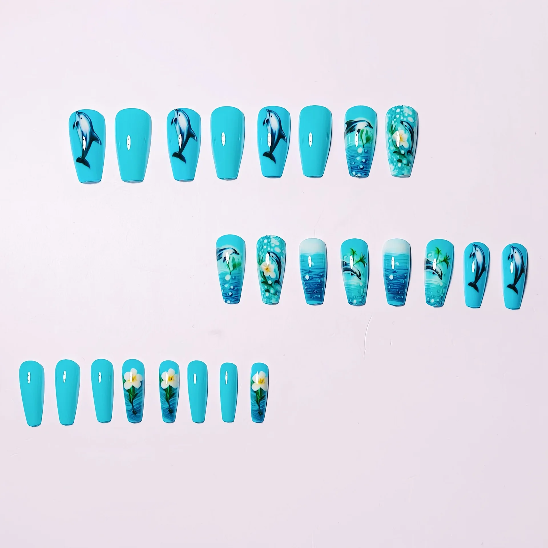 24pcs/set Medium long fake nails for women girls fashion ocean jellyfish turtle cute animals design press on false nail art tips Ocean Jellyfish And Turtle Press-On Nail Set - 24pcs/set Medium long fake nails for women girls fashion ocean jellyfish turtle cute animals design press on false nail art tips