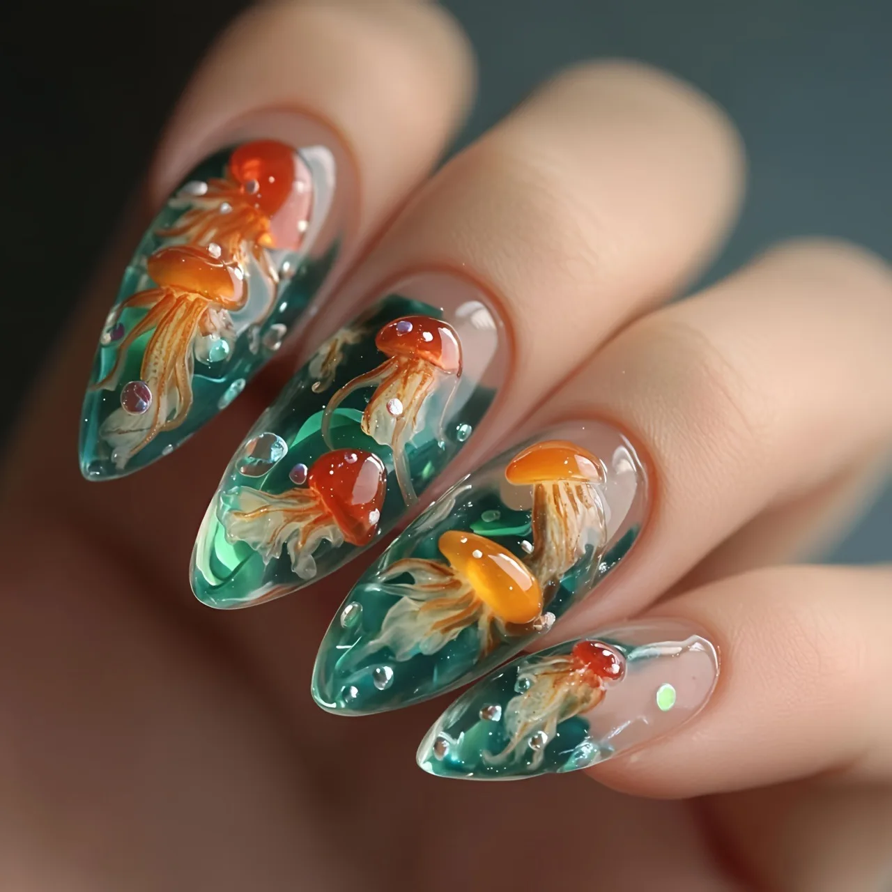 24pcs/set Medium long fake nails for women girls fashion ocean jellyfish turtle cute animals design press on false nail art tips Ocean Jellyfish And Turtle Press-On Nail Set - 24pcs/set Medium long fake nails for women girls fashion ocean jellyfish turtle cute animals design press on false nail art tips