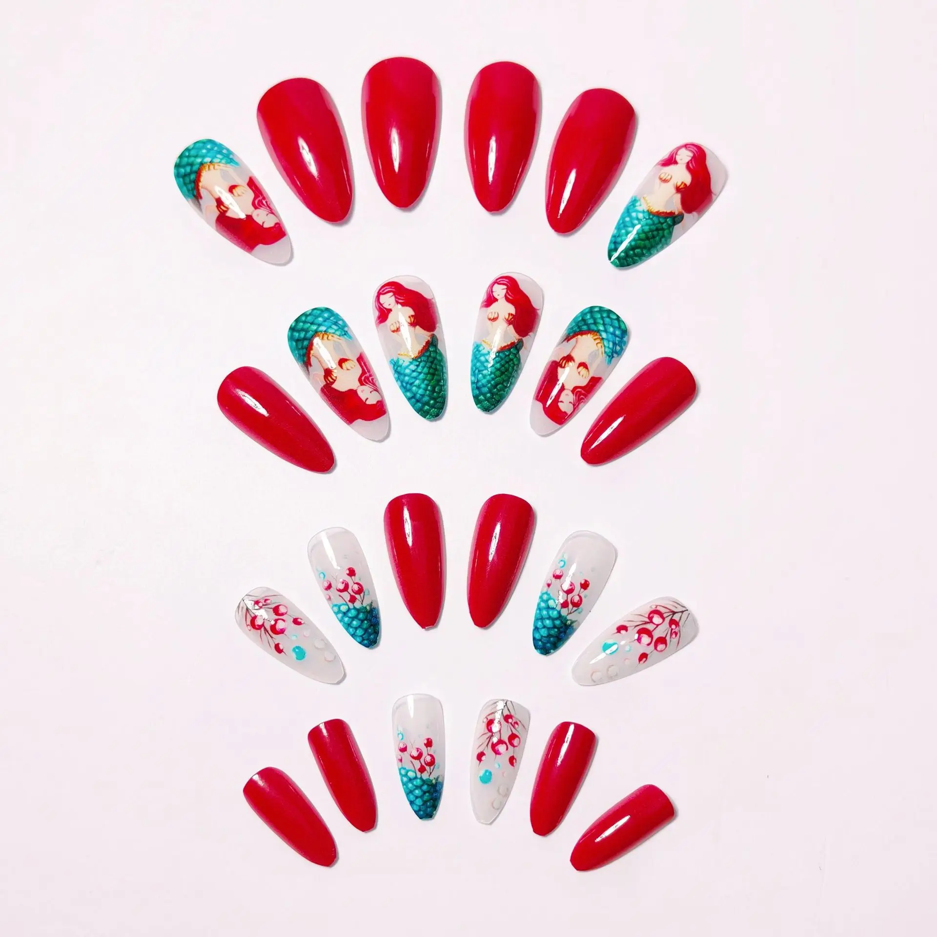 24pcs/set Medium long fake nails for women girls fashion ocean jellyfish turtle cute animals design press on false nail art tips Ocean Jellyfish And Turtle Press-On Nail Set - 24pcs/set Medium long fake nails for women girls fashion ocean jellyfish turtle cute animals design press on false nail art tips