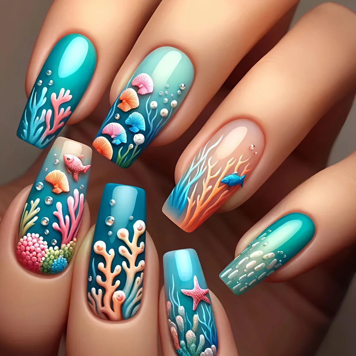 24pcs/set Medium long fake nails for women girls fashion ocean jellyfish turtle cute animals design press on false nail art tips Ocean Jellyfish And Turtle Press-On Nail Set - 24pcs/set Medium long fake nails for women girls fashion ocean jellyfish turtle cute animals design press on false nail art tips