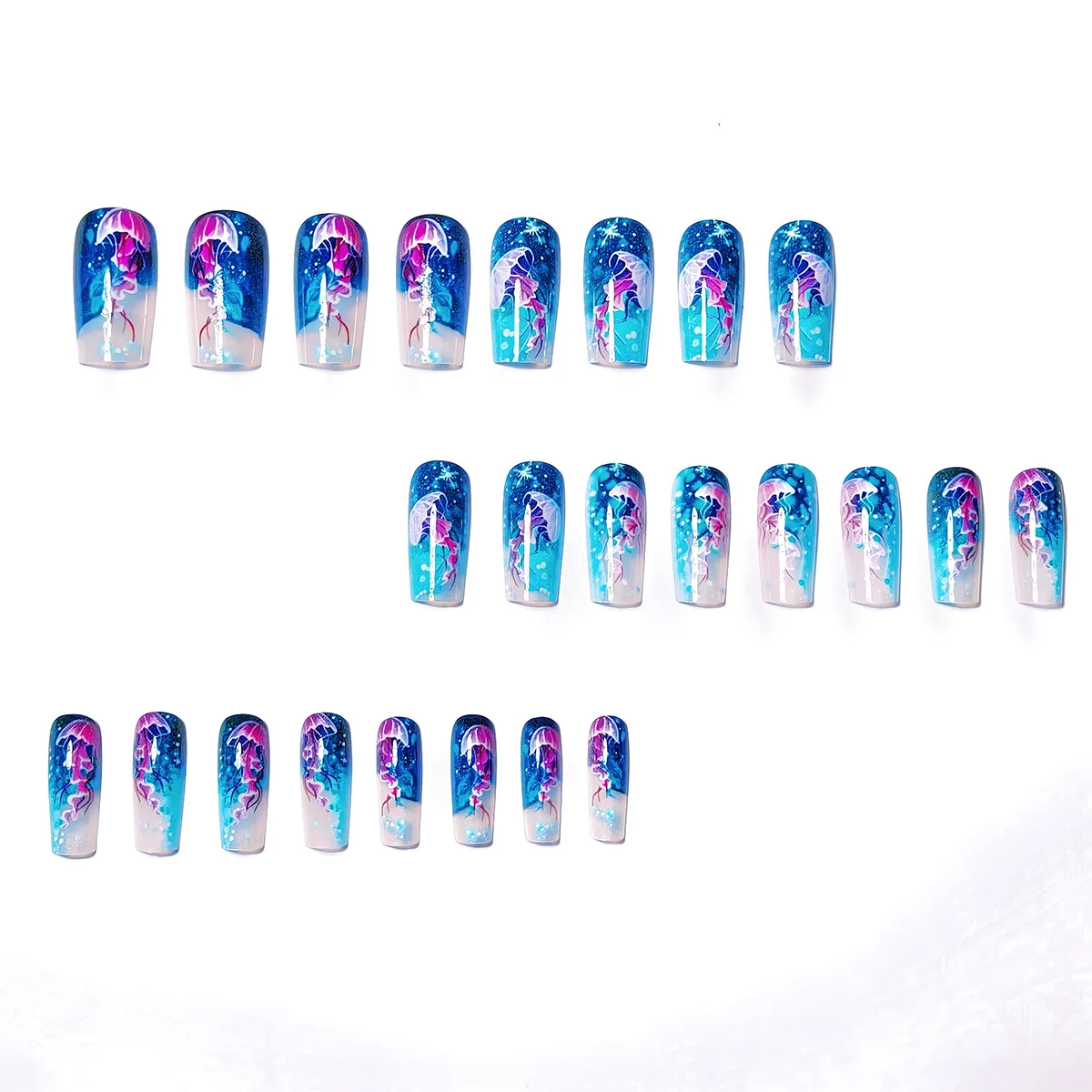 24pcs/set Medium long fake nails for women girls fashion ocean jellyfish turtle cute animals design press on false nail art tips Ocean Jellyfish And Turtle Press-On Nail Set - 24pcs/set Medium long fake nails for women girls fashion ocean jellyfish turtle cute animals design press on false nail art tips