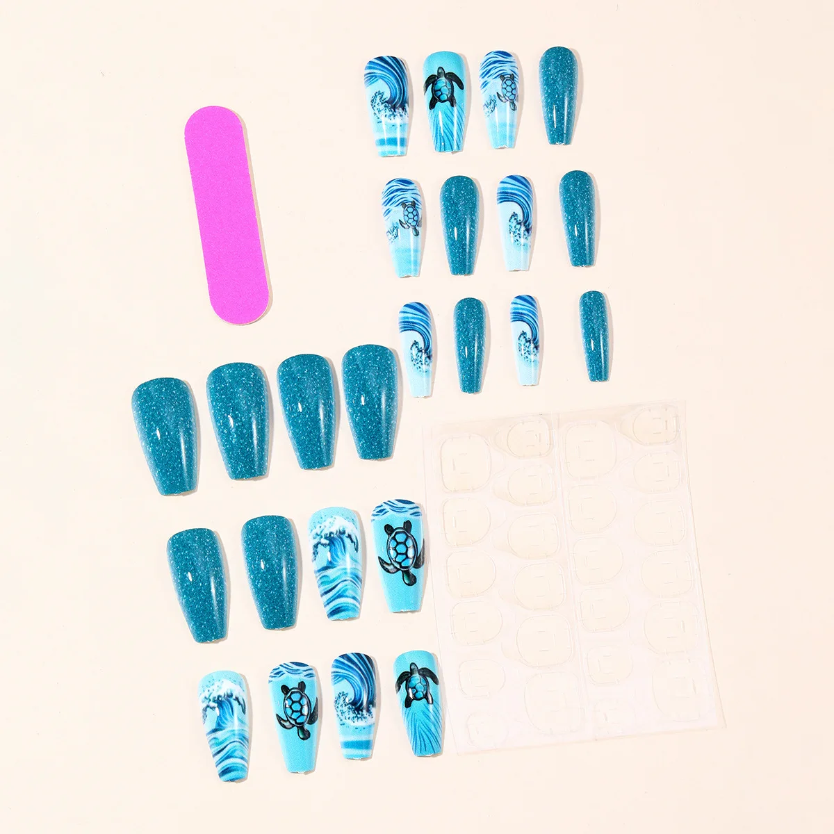 24pcs/set Medium long fake nails for women girls fashion ocean jellyfish turtle cute animals design press on false nail art tips Ocean Jellyfish And Turtle Press-On Nail Set - 24pcs/set Medium long fake nails for women girls fashion ocean jellyfish turtle cute animals design press on false nail art tips