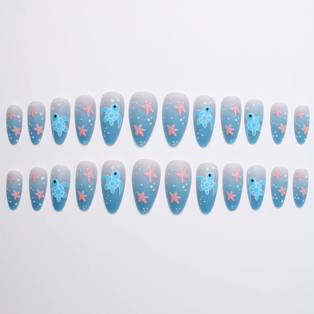 24pcs/set Medium long fake nails for women girls fashion ocean jellyfish turtle cute animals design press on false nail art tips Ocean Jellyfish And Turtle Press-On Nail Set - 24pcs/set Medium long fake nails for women girls fashion ocean jellyfish turtle cute animals design press on false nail art tips