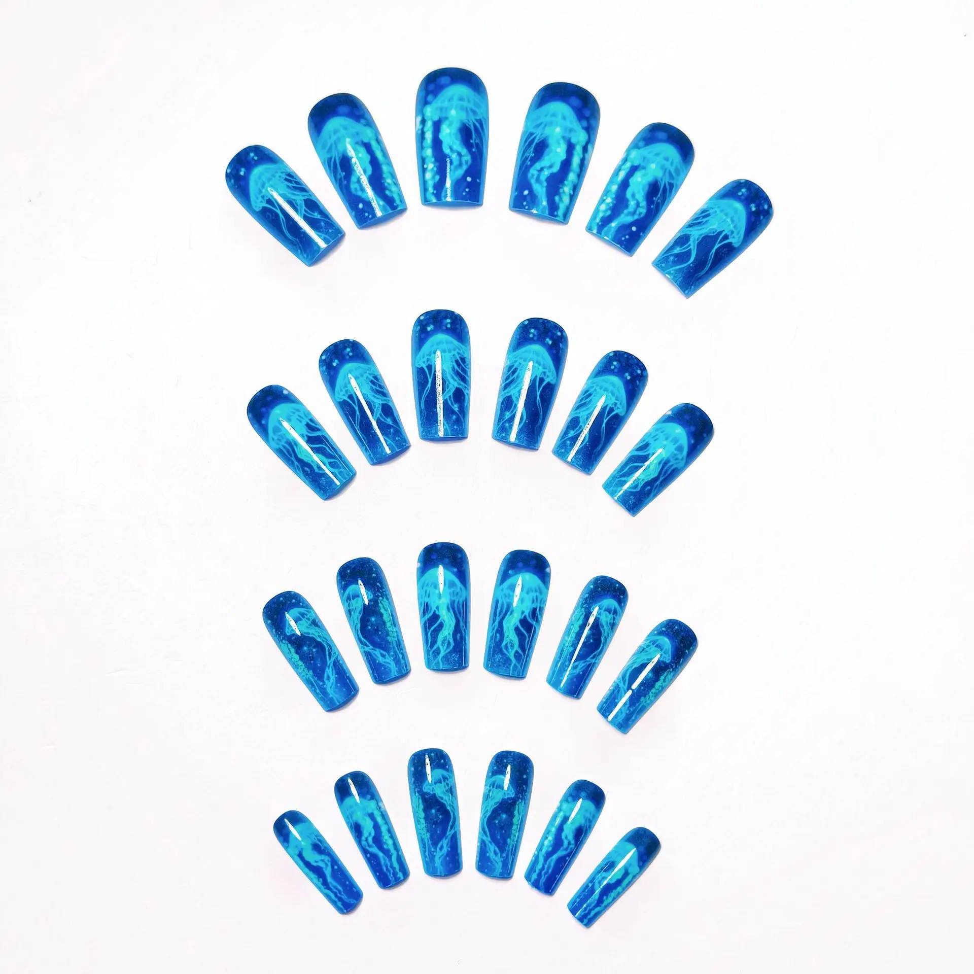 24pcs/set Medium long fake nails for women girls fashion ocean jellyfish turtle cute animals design press on false nail art tips Ocean Jellyfish And Turtle Press-On Nail Set - 24pcs/set Medium long fake nails for women girls fashion ocean jellyfish turtle cute animals design press on false nail art tips