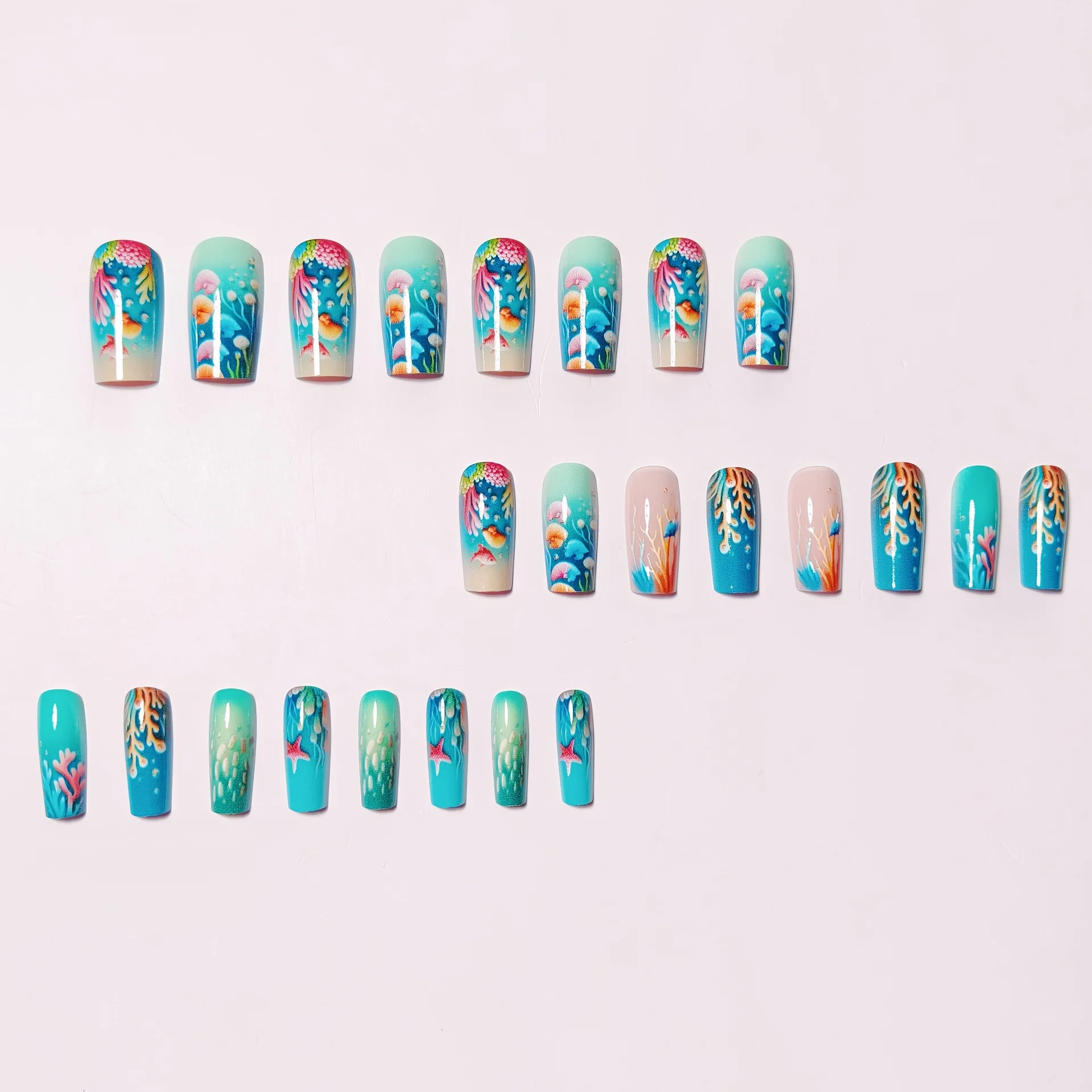 24pcs/set Medium long fake nails for women girls fashion ocean jellyfish turtle cute animals design press on false nail art tips Ocean Jellyfish And Turtle Press-On Nail Set - 24pcs/set Medium long fake nails for women girls fashion ocean jellyfish turtle cute animals design press on false nail art tips