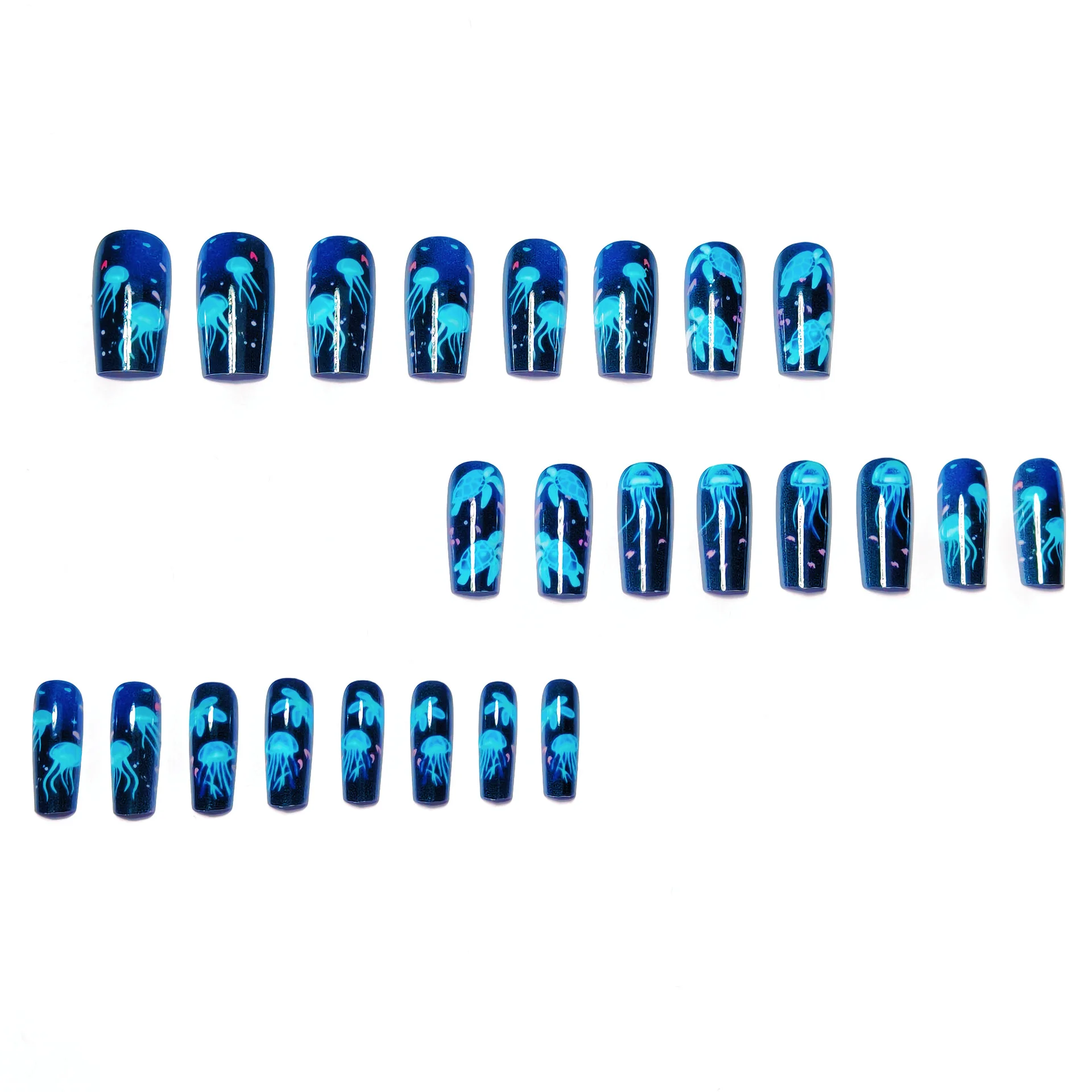 24pcs/set Medium long fake nails for women girls fashion ocean jellyfish turtle cute animals design press on false nail art tips Ocean Jellyfish And Turtle Press-On Nail Set - 24pcs/set Medium long fake nails for women girls fashion ocean jellyfish turtle cute animals design press on false nail art tips