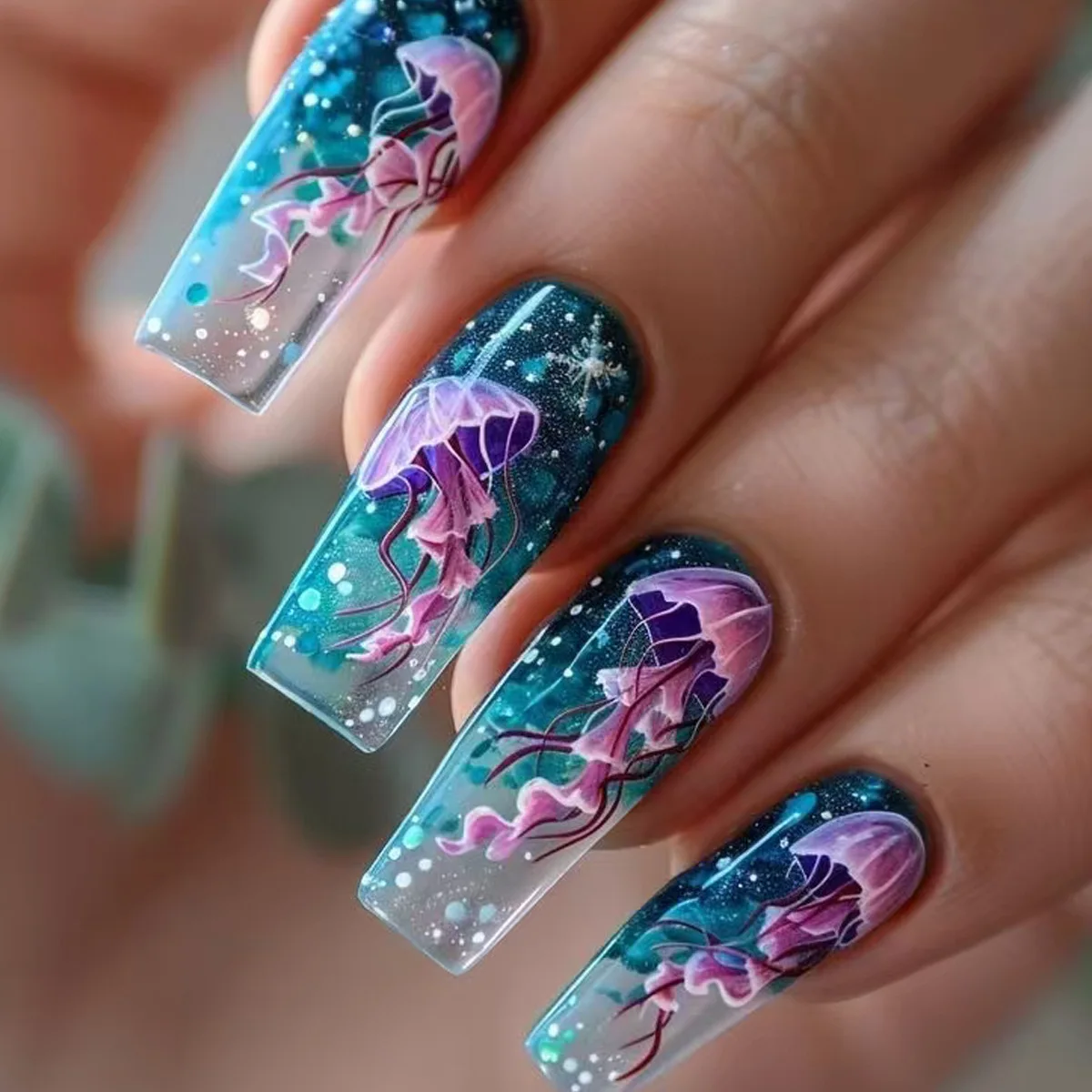 24pcs/set Medium long fake nails for women girls fashion ocean jellyfish turtle cute animals design press on false nail art tips Ocean Jellyfish And Turtle Press-On Nail Set - 24pcs/set Medium long fake nails for women girls fashion ocean jellyfish turtle cute animals design press on false nail art tips