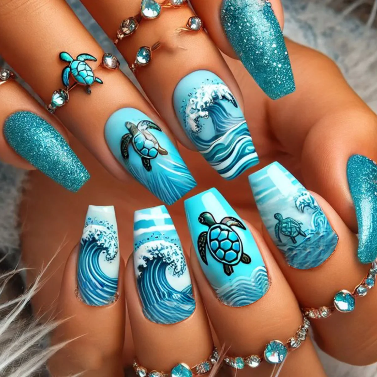 24pcs/set Medium long fake nails for women girls fashion ocean jellyfish turtle cute animals design press on false nail art tips Ocean Jellyfish And Turtle Press-On Nail Set - 24pcs/set Medium long fake nails for women girls fashion ocean jellyfish turtle cute animals design press on false nail art tips