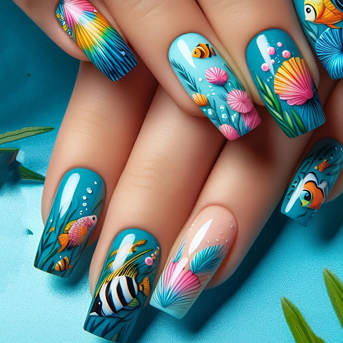 24pcs/set Medium long fake nails for women girls fashion ocean jellyfish turtle cute animals design press on false nail art tips Ocean Jellyfish And Turtle Press-On Nail Set - 24pcs/set Medium long fake nails for women girls fashion ocean jellyfish turtle cute animals design press on false nail art tips