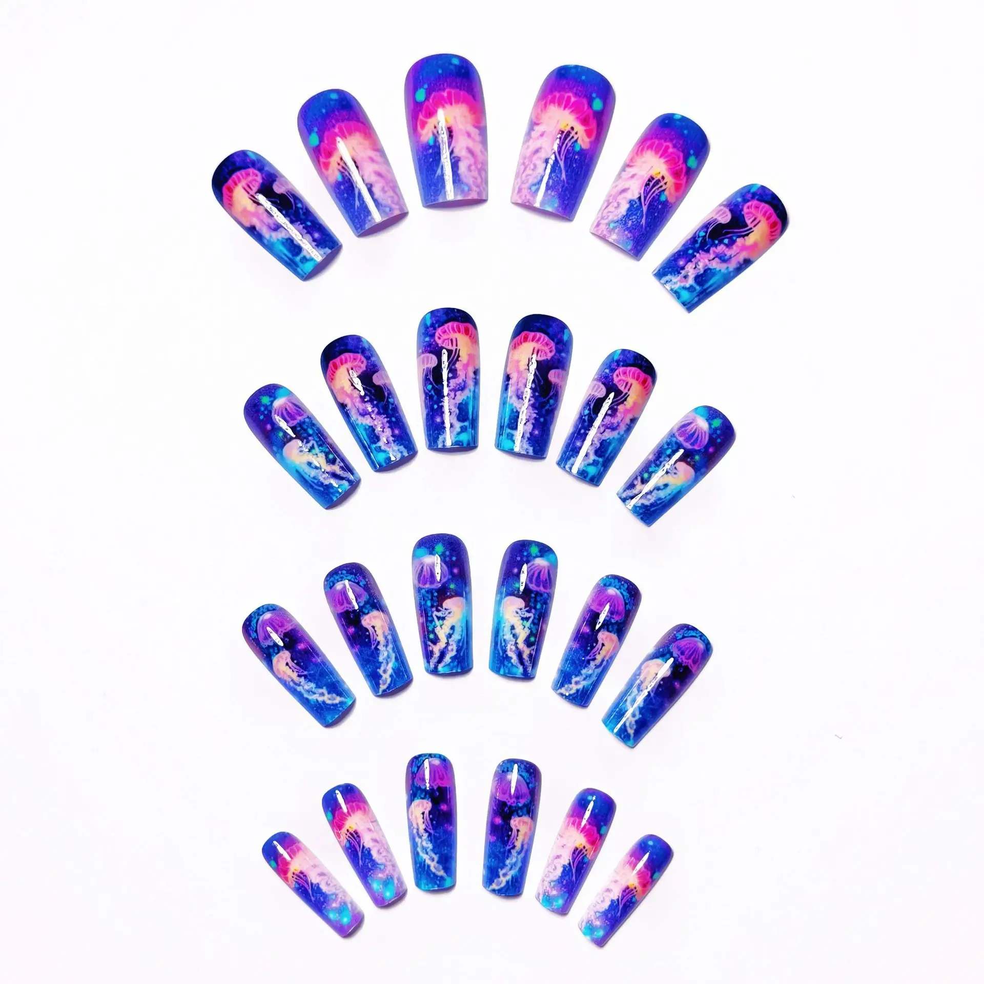 24pcs/set Medium long fake nails for women girls fashion ocean jellyfish turtle cute animals design press on false nail art tips Ocean Jellyfish And Turtle Press-On Nail Set - 24pcs/set Medium long fake nails for women girls fashion ocean jellyfish turtle cute animals design press on false nail art tips