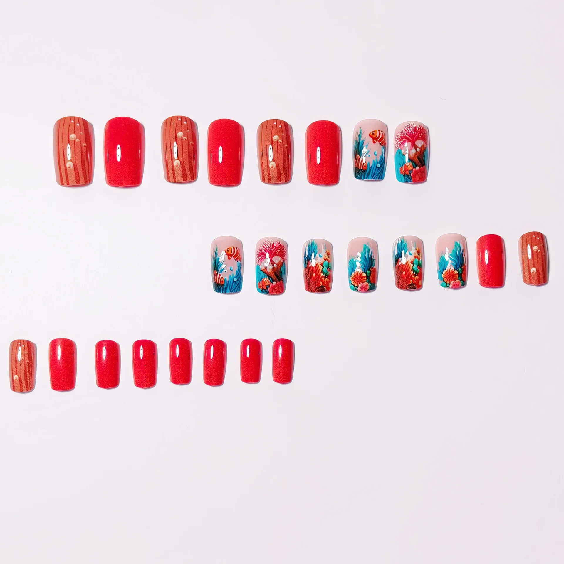 24pcs/set Medium long fake nails for women girls fashion ocean jellyfish turtle cute animals design press on false nail art tips Ocean Jellyfish And Turtle Press-On Nail Set - 24pcs/set Medium long fake nails for women girls fashion ocean jellyfish turtle cute animals design press on false nail art tips