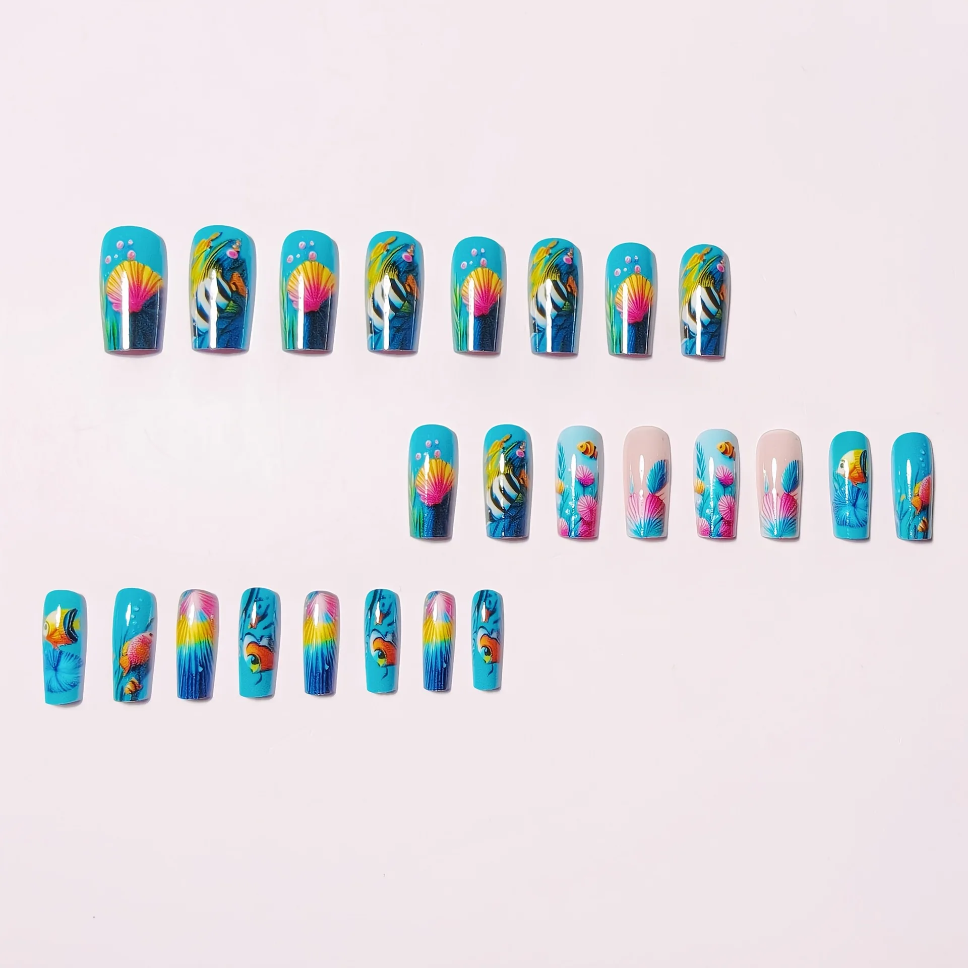 24pcs/set Medium long fake nails for women girls fashion ocean jellyfish turtle cute animals design press on false nail art tips Ocean Jellyfish And Turtle Press-On Nail Set - 24pcs/set Medium long fake nails for women girls fashion ocean jellyfish turtle cute animals design press on false nail art tips