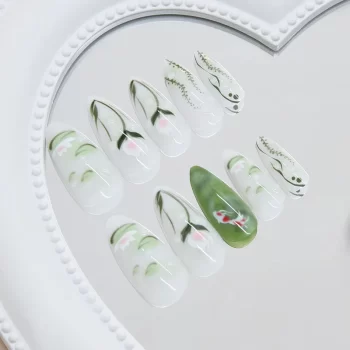 Green Lotus Press On Nails – 24-Piece Summer Green Almond Set with Lotus and Goldfish Print 2 97438 11fgdc