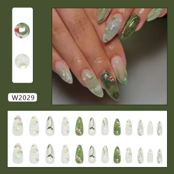 Green Lotus Press On Nails – 24-Piece Summer Green Almond Set with Lotus and Goldfish Print 1 97438 2ixigx