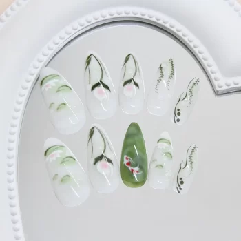 Green Lotus Press On Nails – 24-Piece Summer Green Almond Set with Lotus and Goldfish Print 3 97438 butwkf