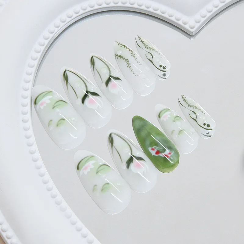 24pcs Summer Fresh Green Press On Naills Lotus Flower Gold Fish Pattern Printed Fake Nails Glossy Almond Detachable False Nail Green Lotus Press On Nails – 24pcs Summer Fresh Green Press On Naills Lotus Flower Gold Fish Pattern Printed Fake Nails Glossy Almond Detachable False Nail