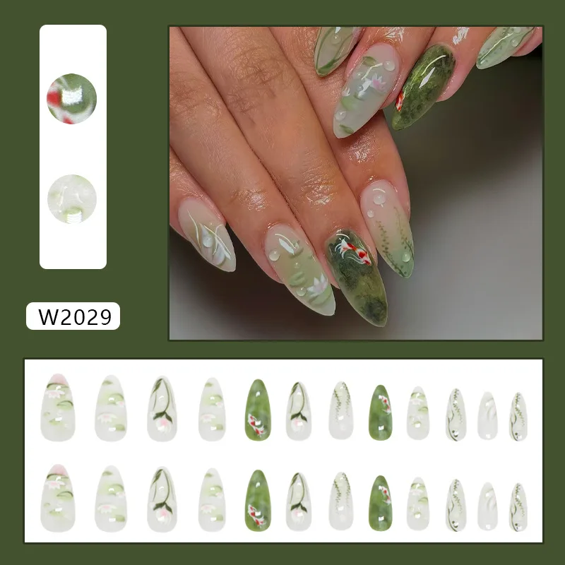 24pcs Summer Fresh Green Press On Naills Lotus Flower Gold Fish Pattern Printed Fake Nails Glossy Almond Detachable False Nail Green Lotus Press On Nails – 24pcs Summer Fresh Green Press On Naills Lotus Flower Gold Fish Pattern Printed Fake Nails Glossy Almond Detachable False Nail