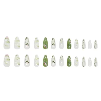 Green Lotus Press On Nails – 24-Piece Summer Green Almond Set with Lotus and Goldfish Print 4 97438 juawwa