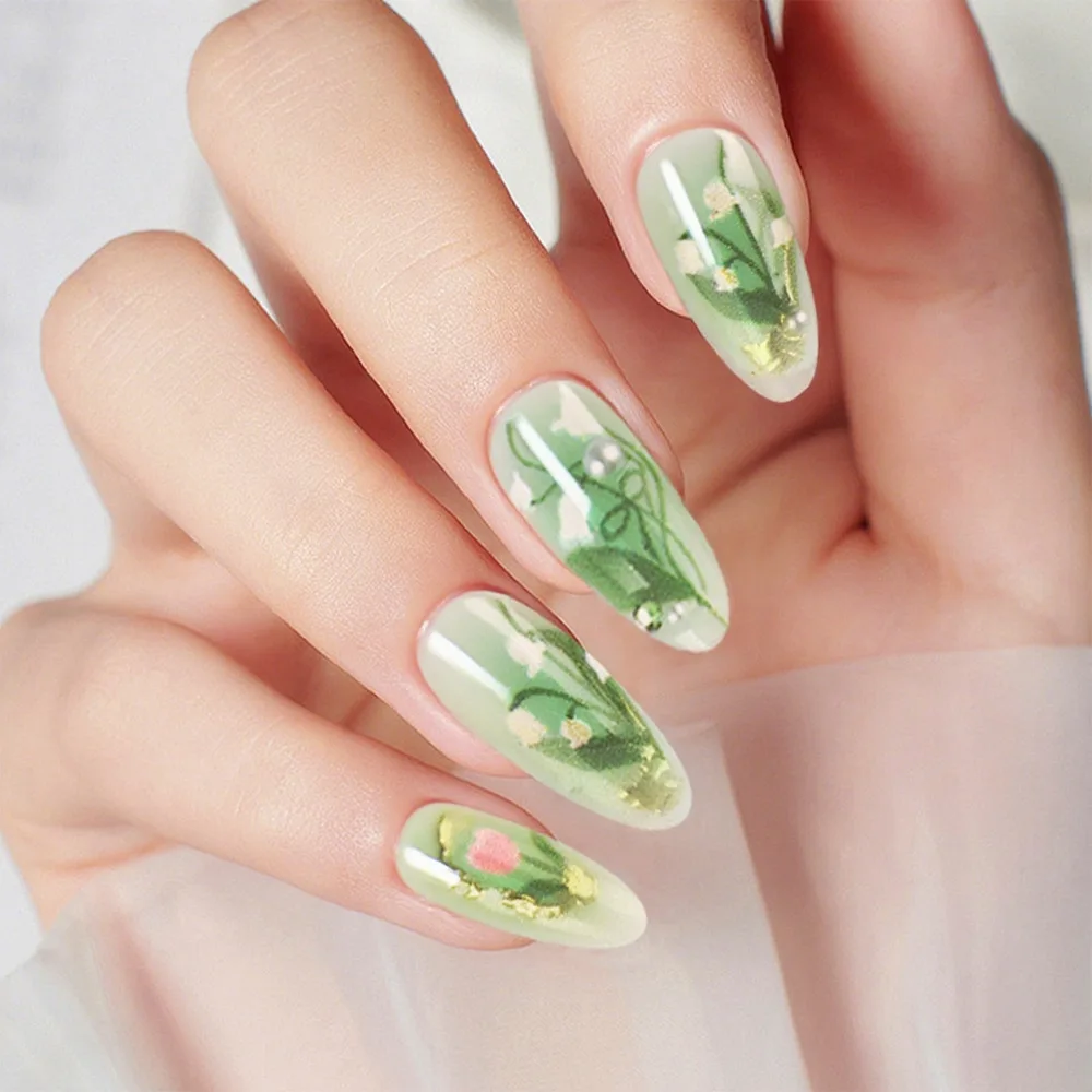 24pcs Summer Fresh Green Press On Naills Lotus Flower Gold Fish Pattern Printed Fake Nails Glossy Almond Detachable False Nail Green Lotus Press On Nails – 24pcs Summer Fresh Green Press On Naills Lotus Flower Gold Fish Pattern Printed Fake Nails Glossy Almond Detachable False Nail