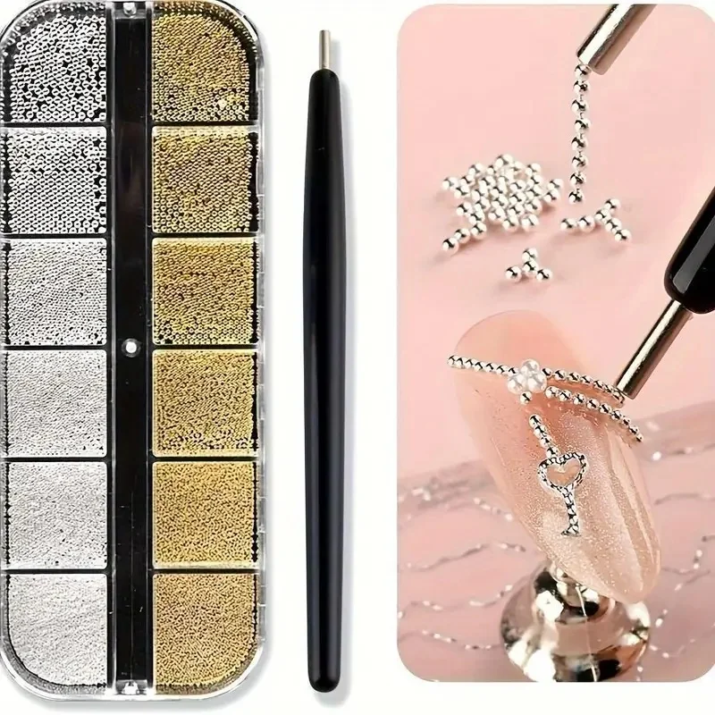 12Grids Mini Caviar Beads Nail Art Decorations Metal Gold/Silver Micro Ball Nail Charms Magnetic Pen 0.5~3mm Ball Nail Jewelry 12Grids Mini Caviar Beads Nail Art Decorations Metal Gold/Silver Micro Ball Nail Charms Magnetic Pen 0.5~3mm Ball Nail Jewelry