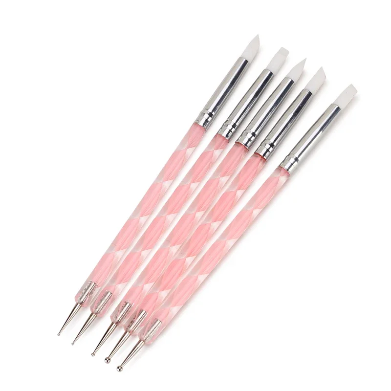 5Pcs 2 Way Nail Art Acrylic Silicone Point Flower Nail Pen Stainless Steel Dotting Tools Marbleizing Painting Pens Nail Art Dotting Tools - 5Pcs 2 Way Nail Art Acrylic Silicone Point Flower Nail Pen Stainless Steel Dotting Tools Marbleizing Painting Pens